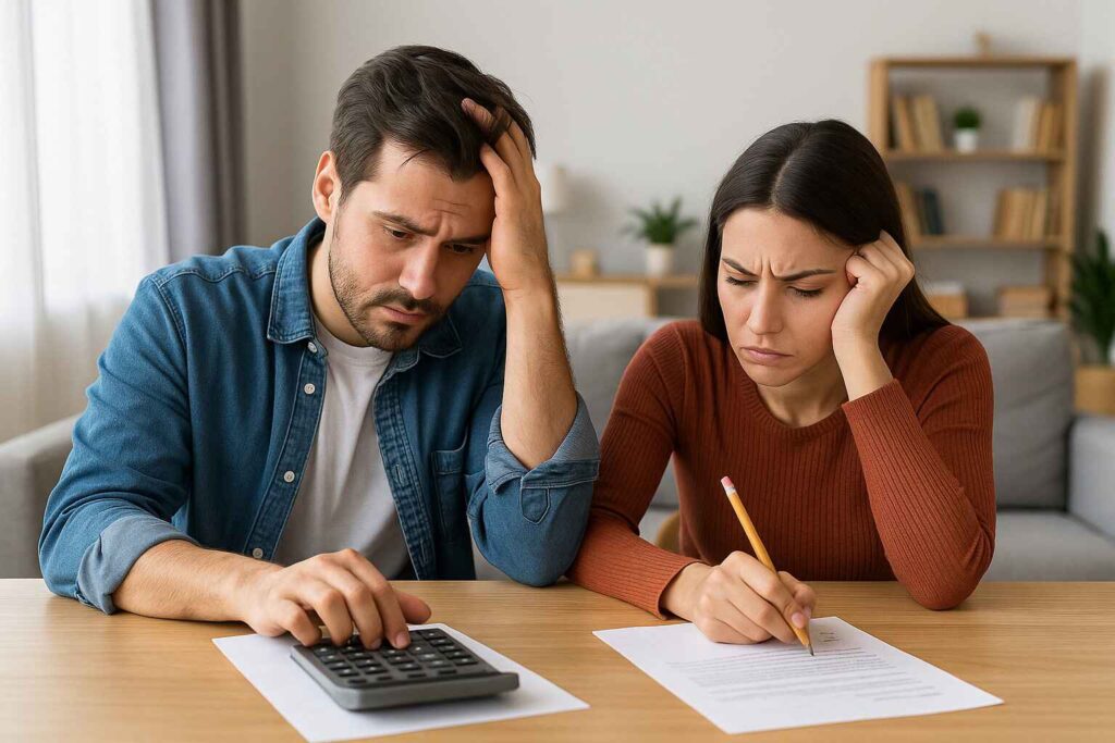 young couple calculating mortgage pre approval amount on paper