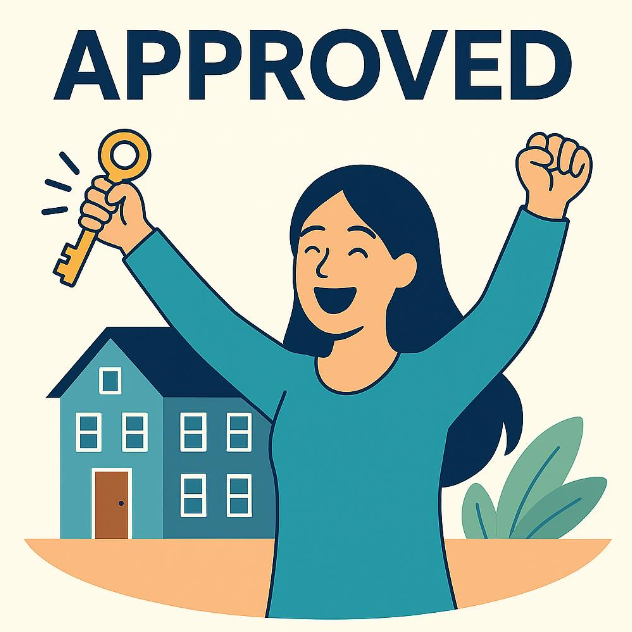 Happy woman holding a key and raising her fist in celebration, with the word 'APPROVED' above her and a house in the background.