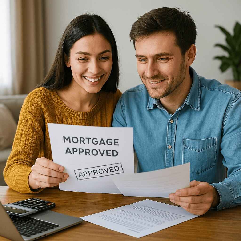Young couple in Utah celebrating mortgage pre-approval while reviewing documents at home