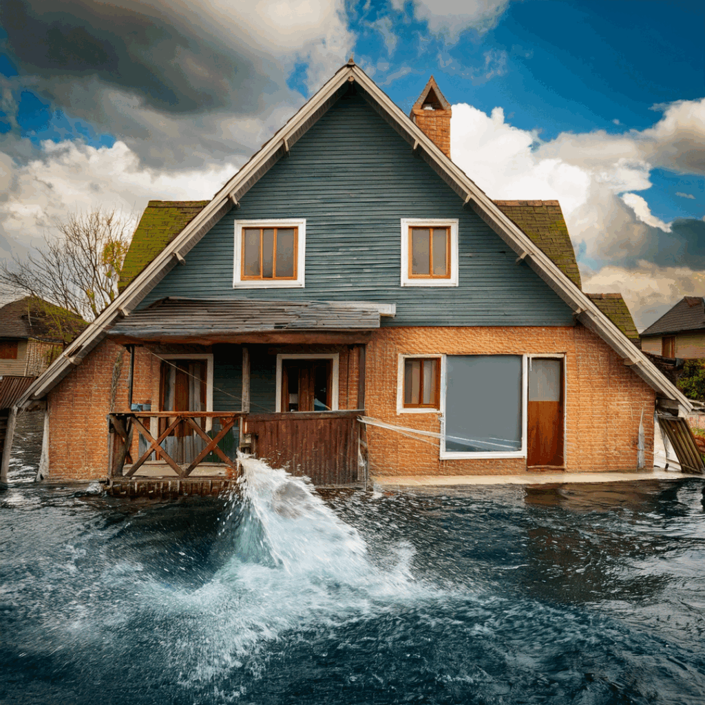image of a house being hit with a huge body of water during a natural disaster. mortgage rates.