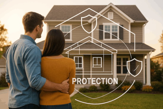 image of a couple hugging and standing in front of a two-story house that has a logo of a minimalist security badge and a house.