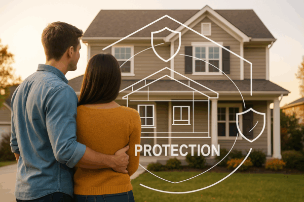 image of a couple hugging and standing in front of a two-story house that has a logo of a minimalist security badge and a house.