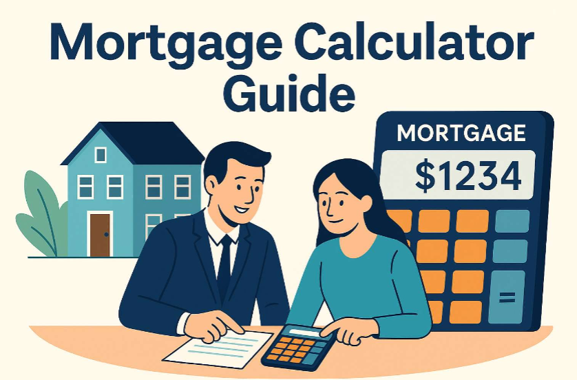 **"Illustration of a man in a suit and a woman using a calculator together, with a large calculator showing '\$1234' labeled 'MORTGAGE' in the background, and a house icon behind them. Text reads 'Mortgage Calculator Guide'."**