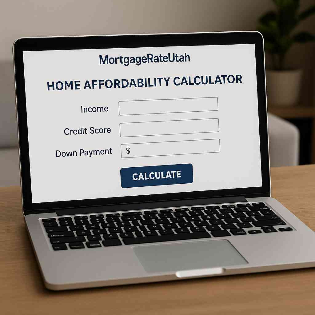 A laptop showing the MortgageRateUtah affordability calculator with fields for income, credit score, and down payment.