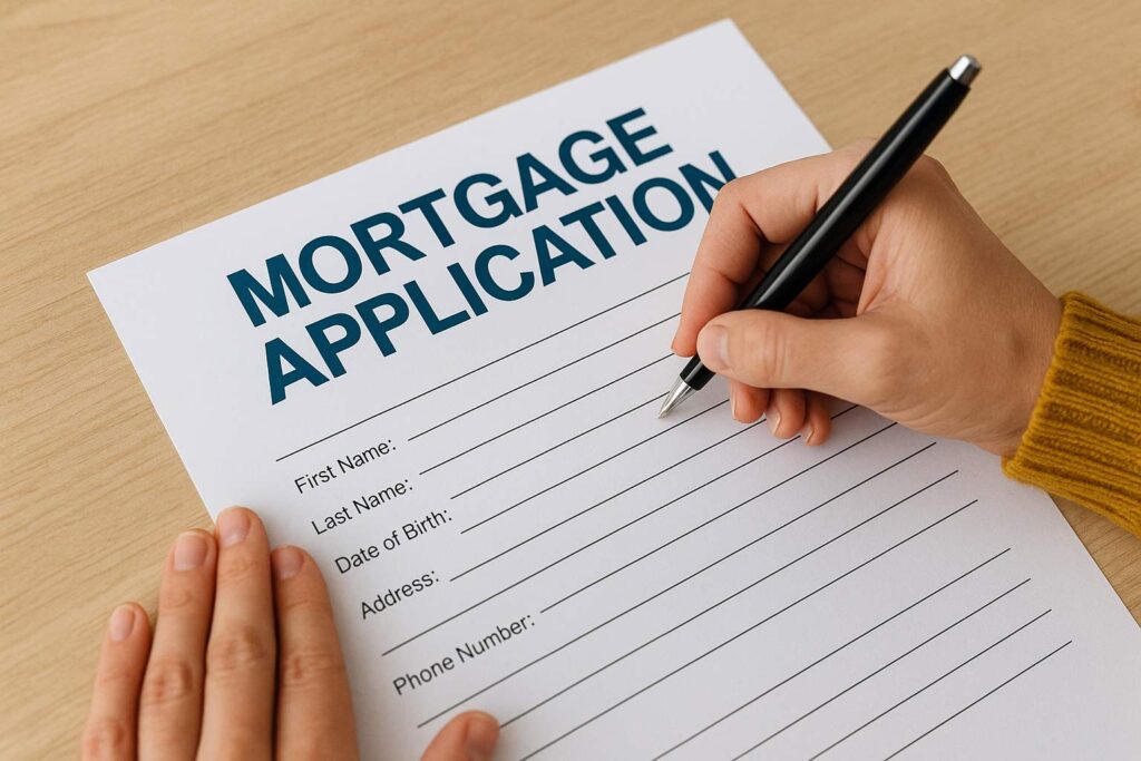 Close-up of a person filling out a mortgage application with pen on wooden desk