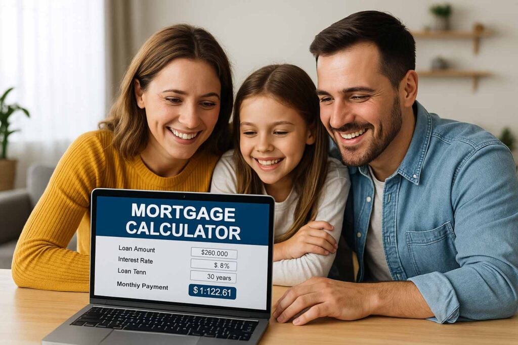 Family reviewing mortgage calculator results on a laptop in their Utah home