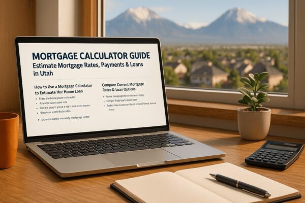 Mortgage calculator and home loan rates guide on laptop with Utah mountain view, showing tools to estimate monthly payments, VA loans, and FHA financing options.
