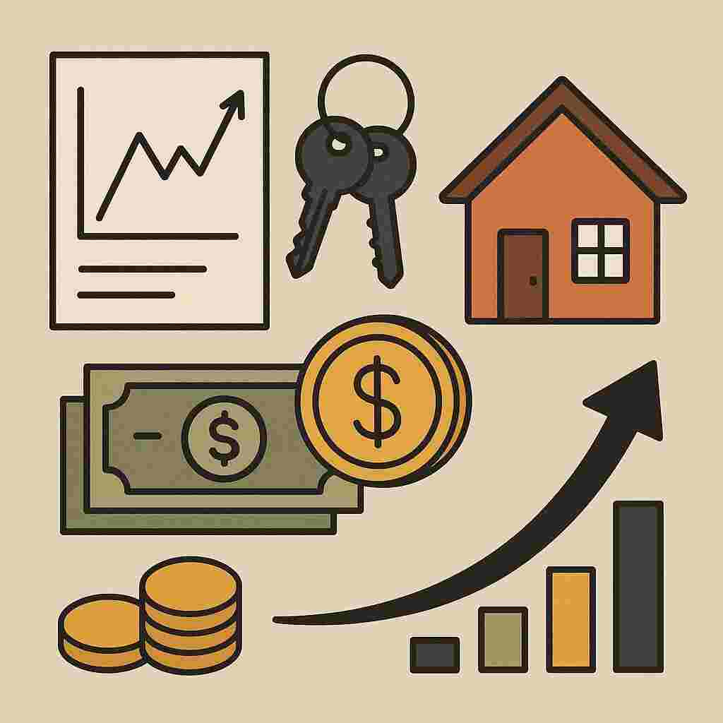 Icons showing home purchase, money, and rising interest rates to represent mortgage loan options and closing costs
