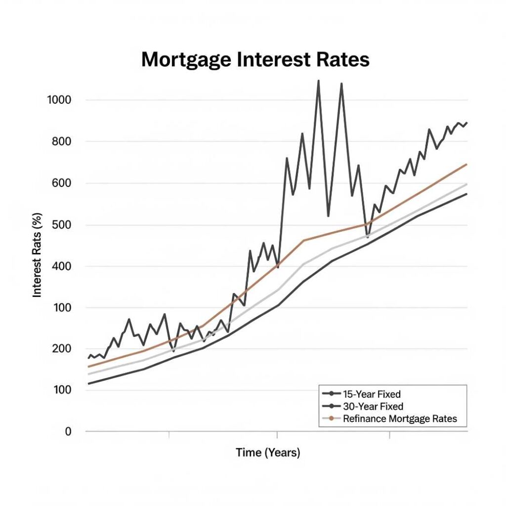 A line chart displaying interest rates over time, comparing 15 year fixed, 30 year fixed, and mortgage refinance rates