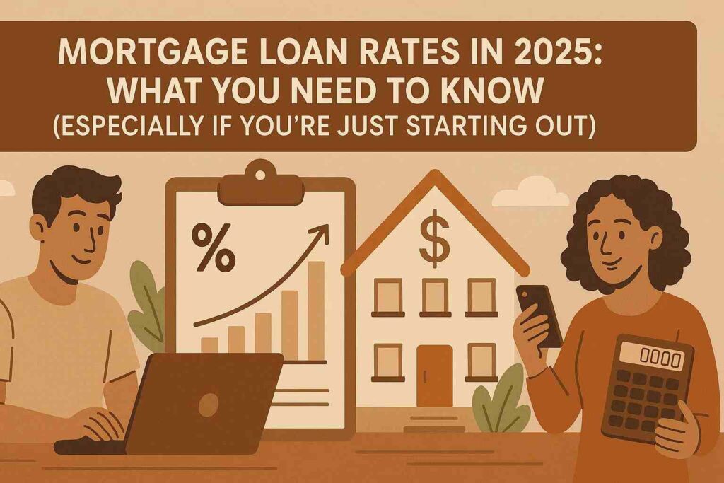 Illustration of buyers using calculators and tools to research mortgage loan rates in 2025