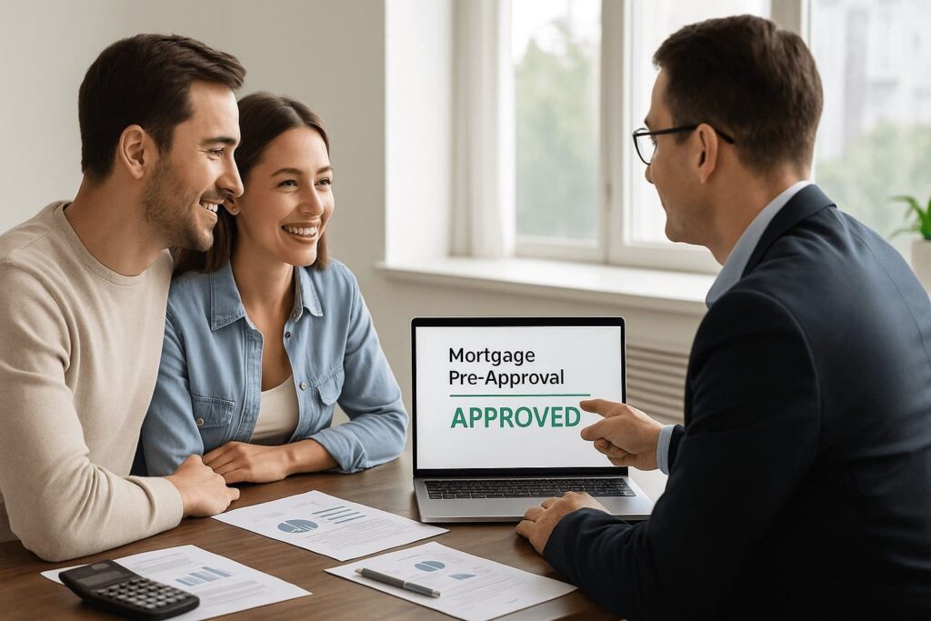 Young couple receiving mortgage pre-approval from a professional advisor in a bright office, with loan documents and a calculator on the desk, illustrating first time home buyer approval process.
