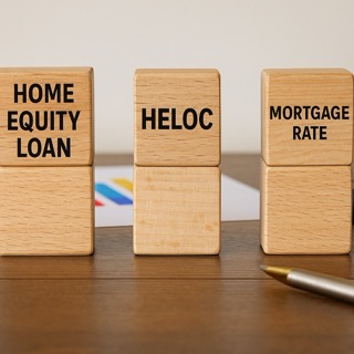Stacked wooden blocks showing home equity loan, HELOC, and mortgage rates comparison
