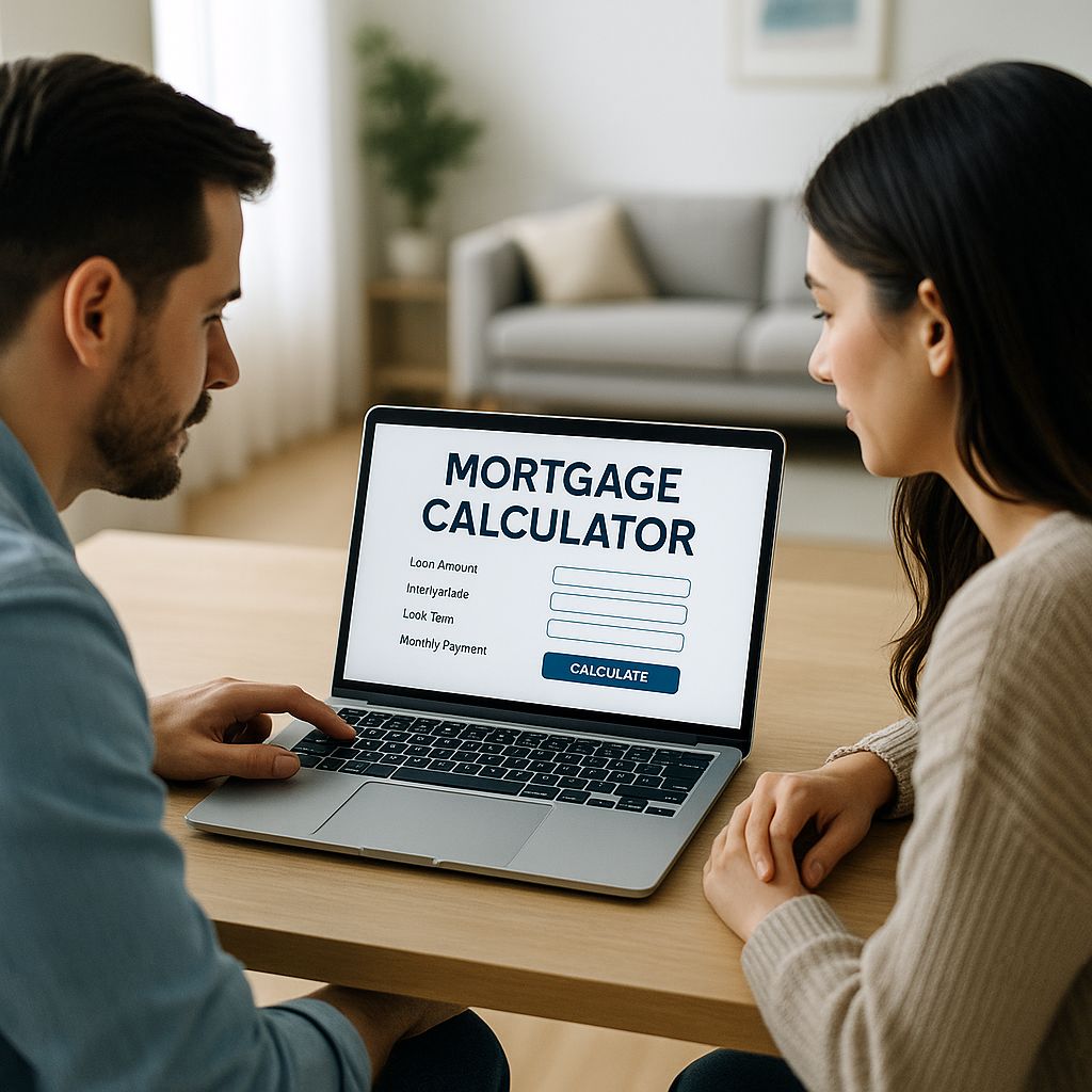 Couple using a mortgage calculator on a laptop in a bright, modern living room.