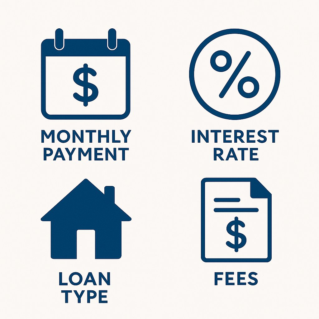 Infographic showing icons for monthly payment, interest rate, loan type, and fees. Infographic showing icons for monthly payment, interest rate, loan type, and fees.