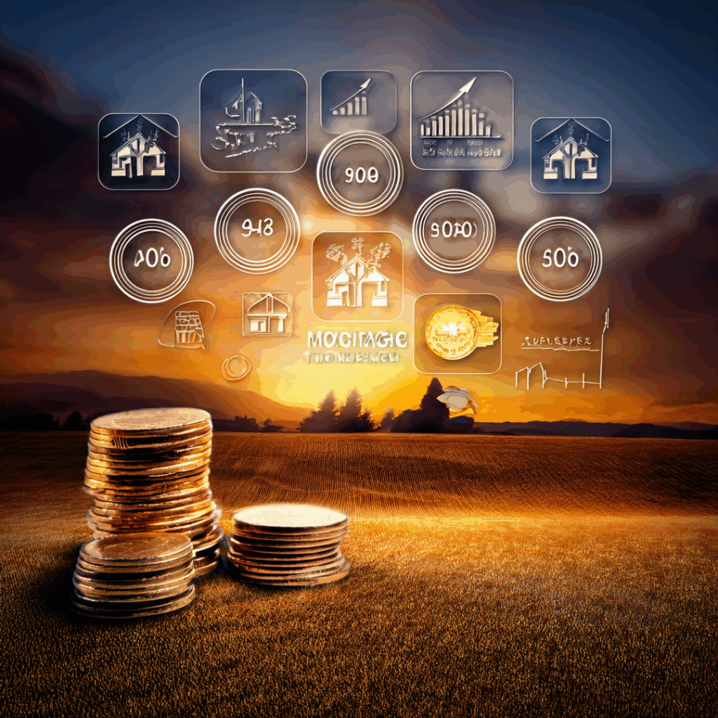 image of a large empty field with a stack of coins and floating minimalist logos of mortgage rates.