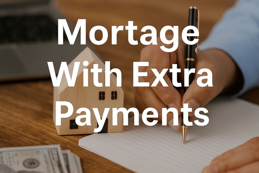 Close-up of a hand writing next to a small wooden house and cash with “Mortgage With Extra Payments” headline