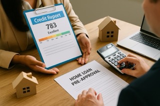Two people reviewing a credit report and home loan pre-approval documents with a calculator during a mortgage discussion.