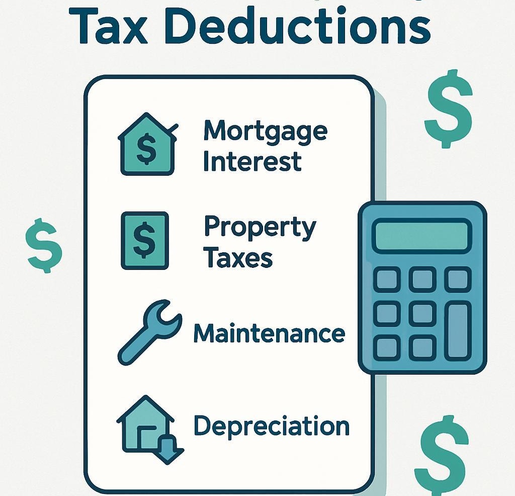Infographic checklist showing deductible rental property expenses like mortgage interest, repairs, and depreciation.