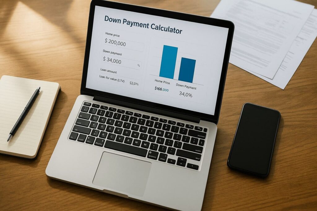 Top-down view of a laptop displaying a first time home buyer down payment calculator, with mortgage documents, a smartphone, and notepad on a wooden desk, illustrating budgeting steps for new home buyers.