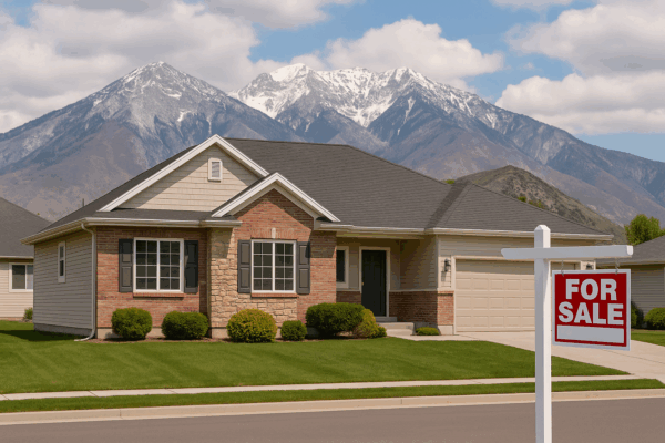 Single-story Utah home with mountains in the background and a for sale sign in front.