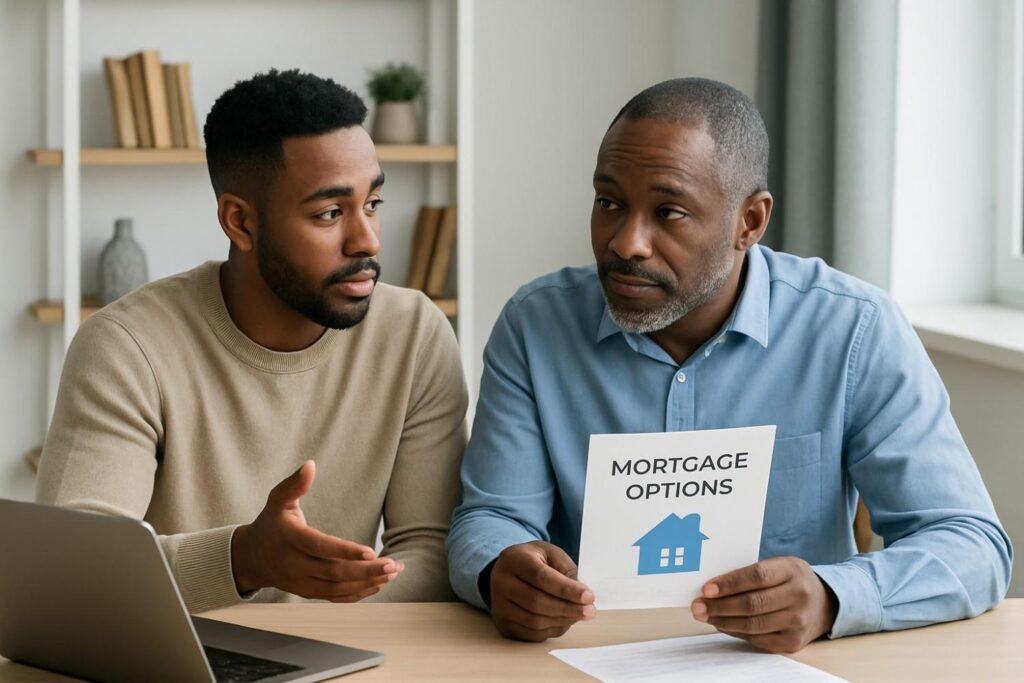 Two men discussing mortgage options at a kitchen table with a pamphlet and laptop