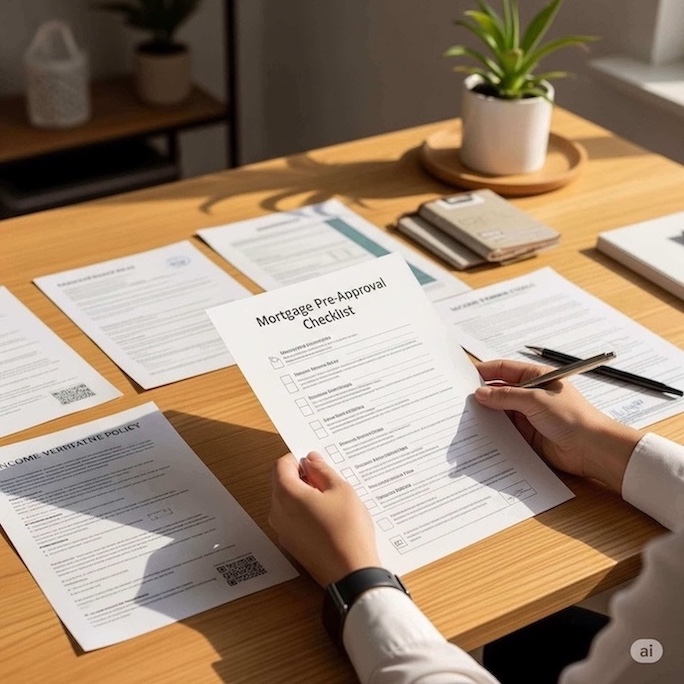 Hands holding a mortgage pre-approval checklist with financial documents on a desk, indicating preparation.