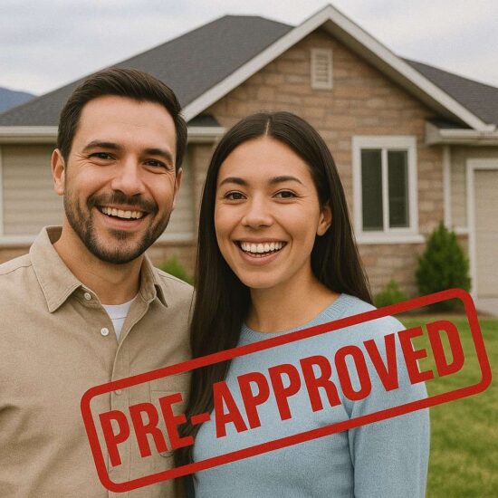 Happy couple in front of their new Utah home with pre-approval status