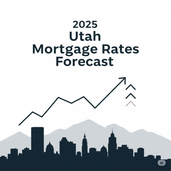 A clean, modern graphic titled "2025 Utah Mortgage Rates Forecast," featuring an upward trend line for rates and a silhouette of the Utah skyline and mountains