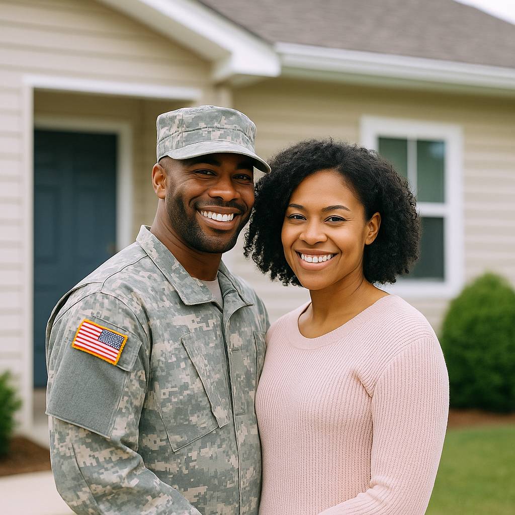 Smiling military couple standing in front of a new home representing VA mortgage eligibility.