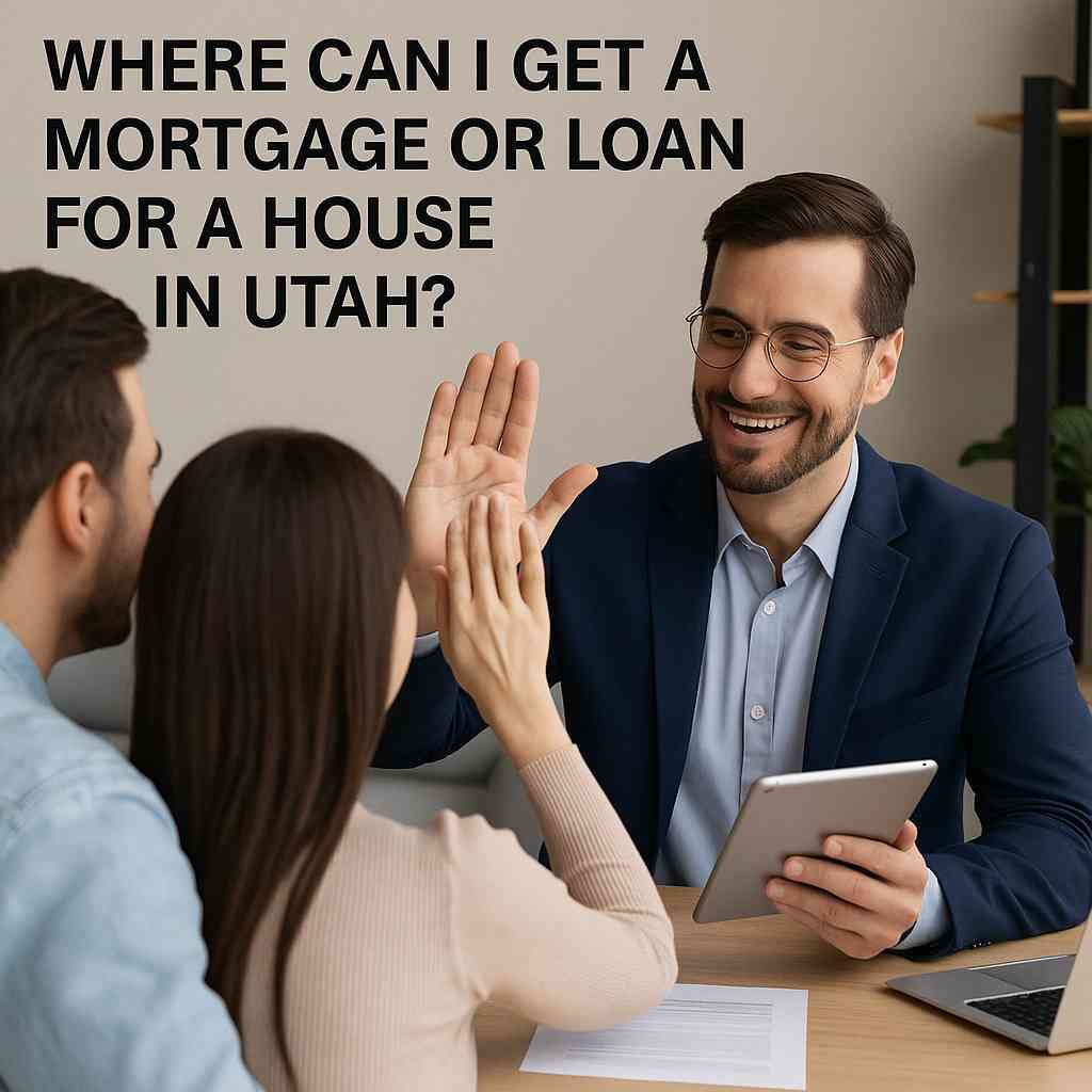 A loan officer high-fives a couple in a modern office while discussing mortgage options.