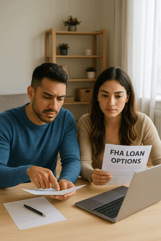 Young Couple Reviewing FHA options to apply for FHA Mortgage