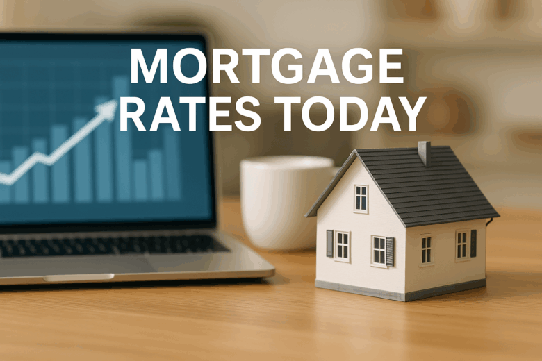 Laptop displaying an upward financial graph with a small model house and coffee mug on a wooden desk, overlaid with the text ‘Mortgage Rates Today