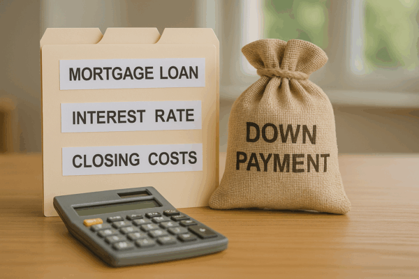 A folder labeled “Mortgage Loan,” “Interest Rate,” and “Closing Costs,” next to a money bag labeled “Down Payment” and a calculator.