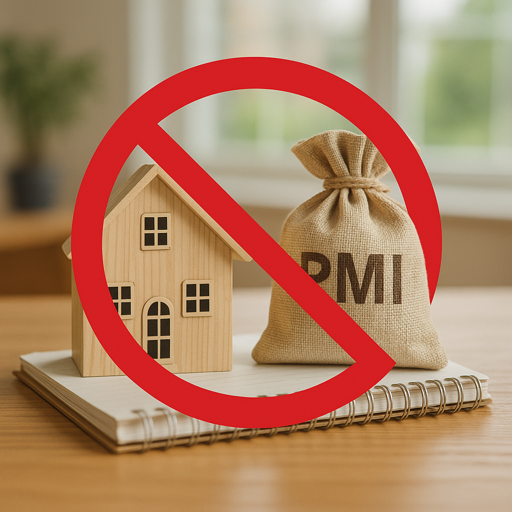 A wooden house model and a burlap sack labeled "PMI" sit on a table. A red "no" symbol overlays the image, conveying a rejection of PMI.