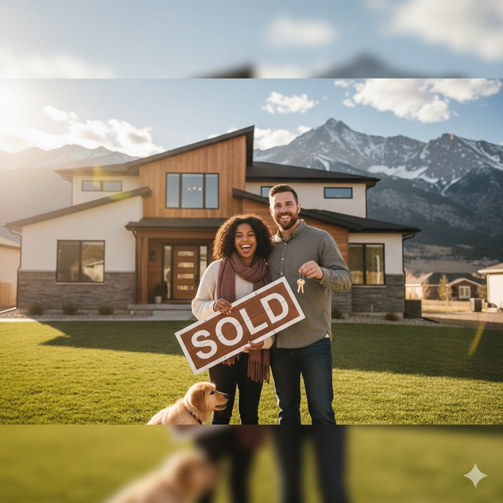 First time Home Buyer Loan A happy couple holding a sold sign and house keys in front of their new home in Utah, with mountains in the background.