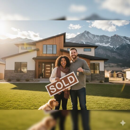 A happy couple holding a sold sign and house keys in front of their new home in Utah, with mountains in the background.