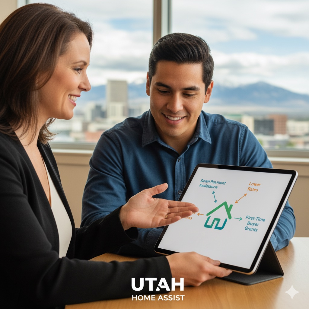 First Time Home Buyer Program A mortgage advisor showing a first-time home buyer a diagram of different loan programs and down payment assistance options in Utah.