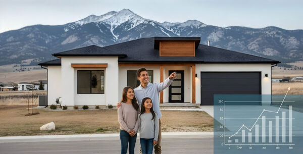 A smiling diverse family (couple and child) standing proudly in front of their modern Utah home with mountains in the background, symbolizing successful homeownership and finding the best mortgage rates Utah.