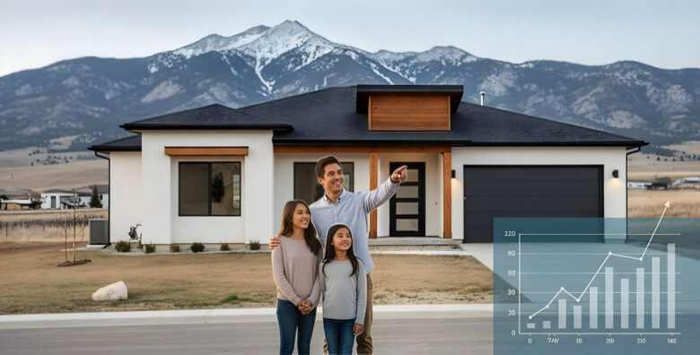 A smiling diverse family (couple and child) standing proudly in front of their modern Utah home with mountains in the background, symbolizing successful homeownership and finding the best mortgage rates Utah.
