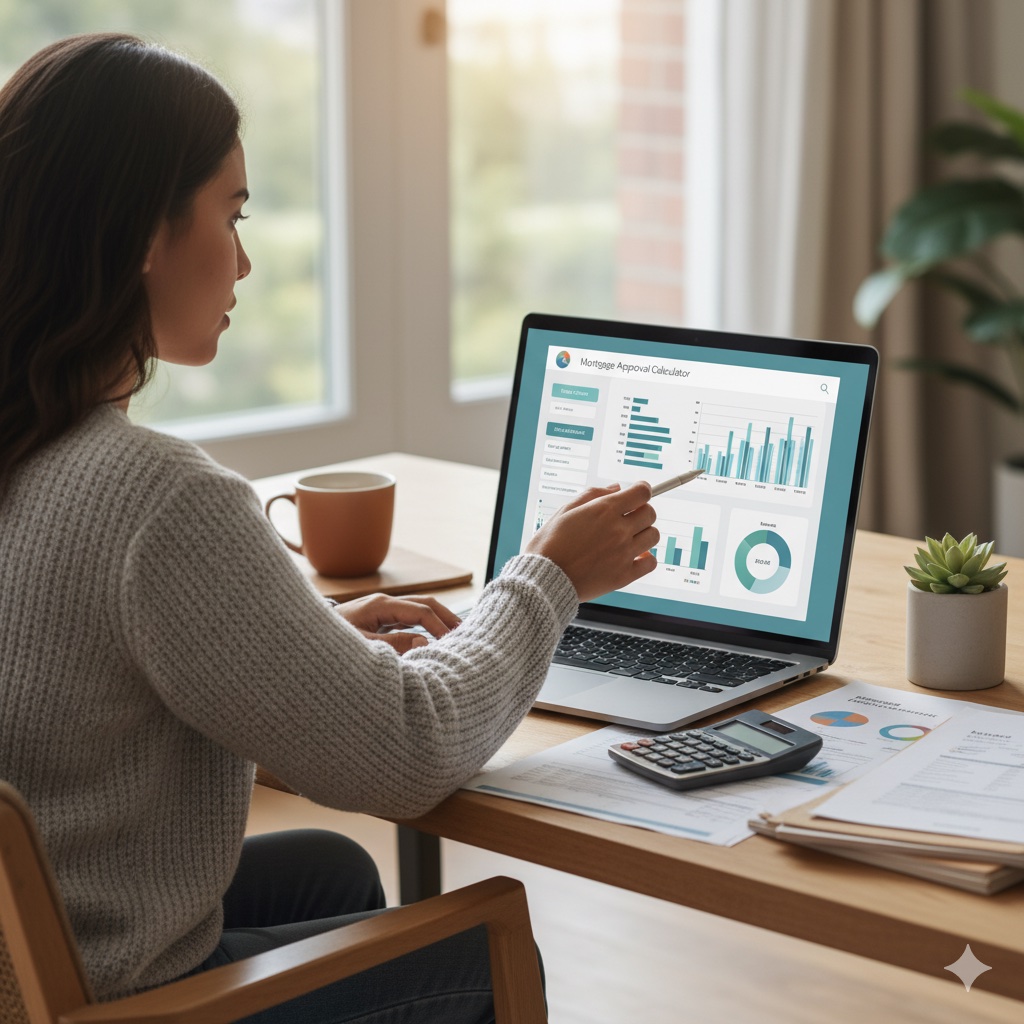 Mortgage Pre-Approval Calculator A person using a laptop with a mortgage pre-approval calculator tool to plan their finances for buying a home.