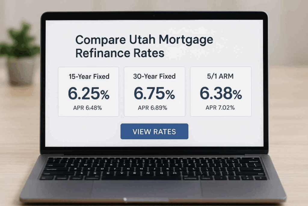 Laptop screen comparing Utah mortgage refinance rates online