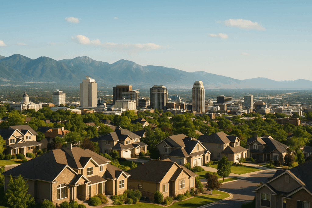 Skyline of Salt Lake City with homes in the foreground representing Utah housing market forecast 2025.