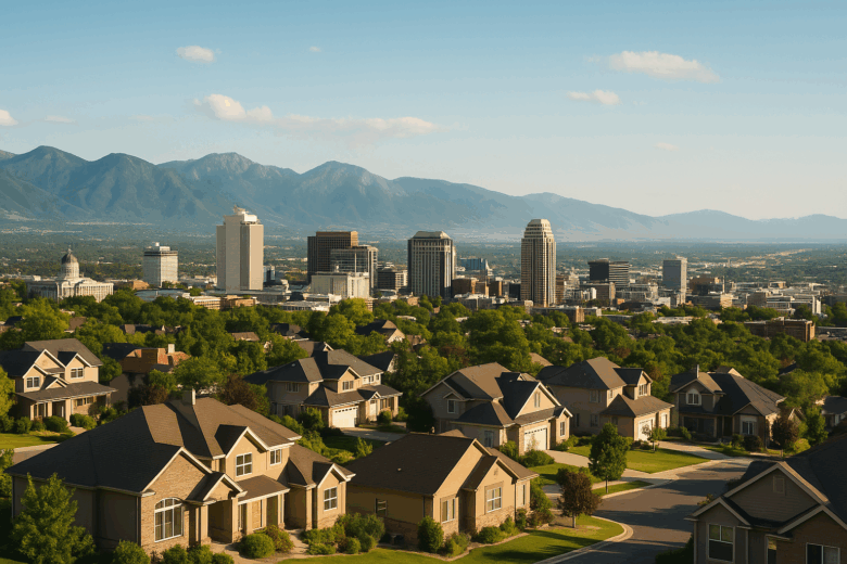 Skyline of Salt Lake City with homes in the foreground representing Utah housing market forecast 2025.