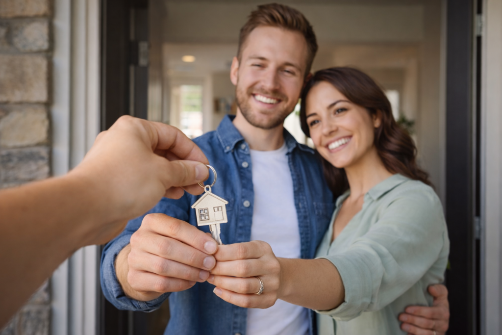 A young couple receiving keys to their new home, illustrating first-time home buyer Utah programs