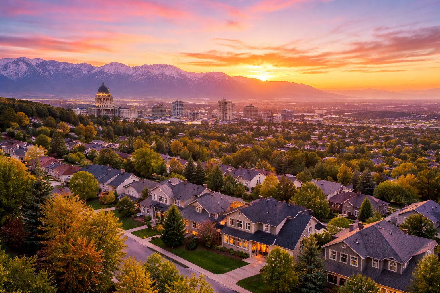 Sunset over Salt Lake City Valley, suburban Neighborhood