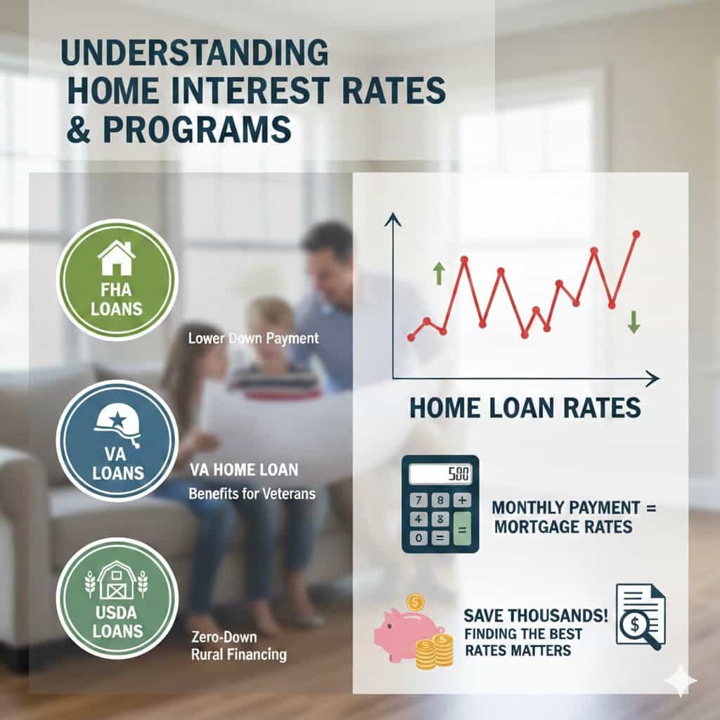 An infographic titled, "UNDERSTANDING HOME INTEREST RATES & PROGRAMS" Text reads: FHA Loans for lower down payments, VA Loans providing benefits for veterans, and USDA Loans for zero-down rural financing.