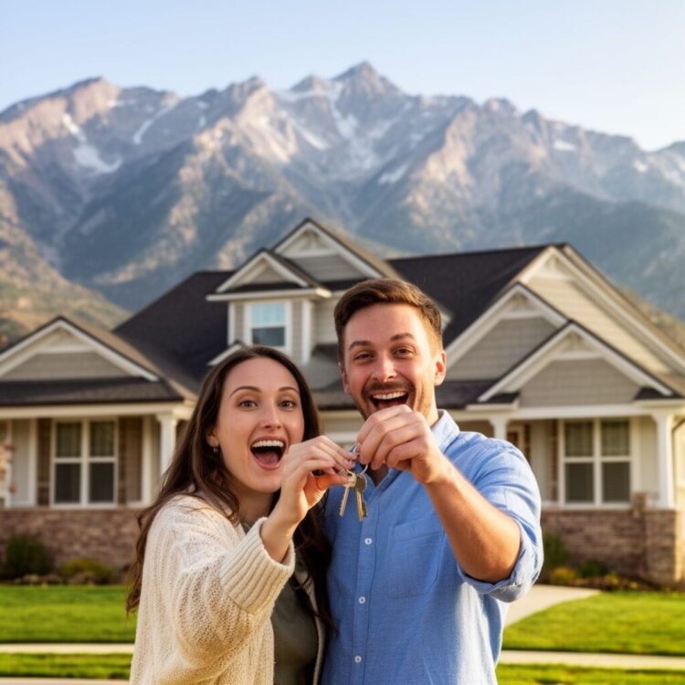 Utah couple standing in front of home after buying a house