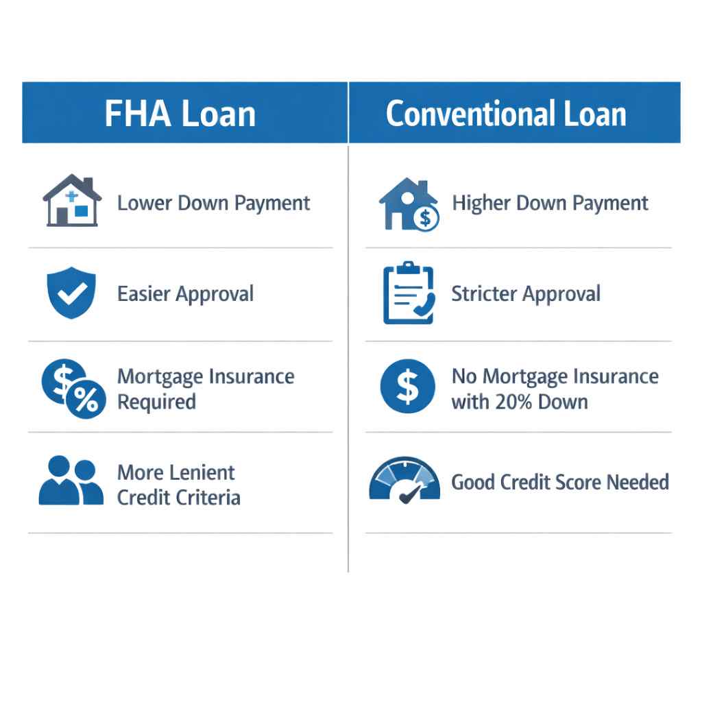 Visual comparison of FHA and conventional loan options for Utah home buyers.