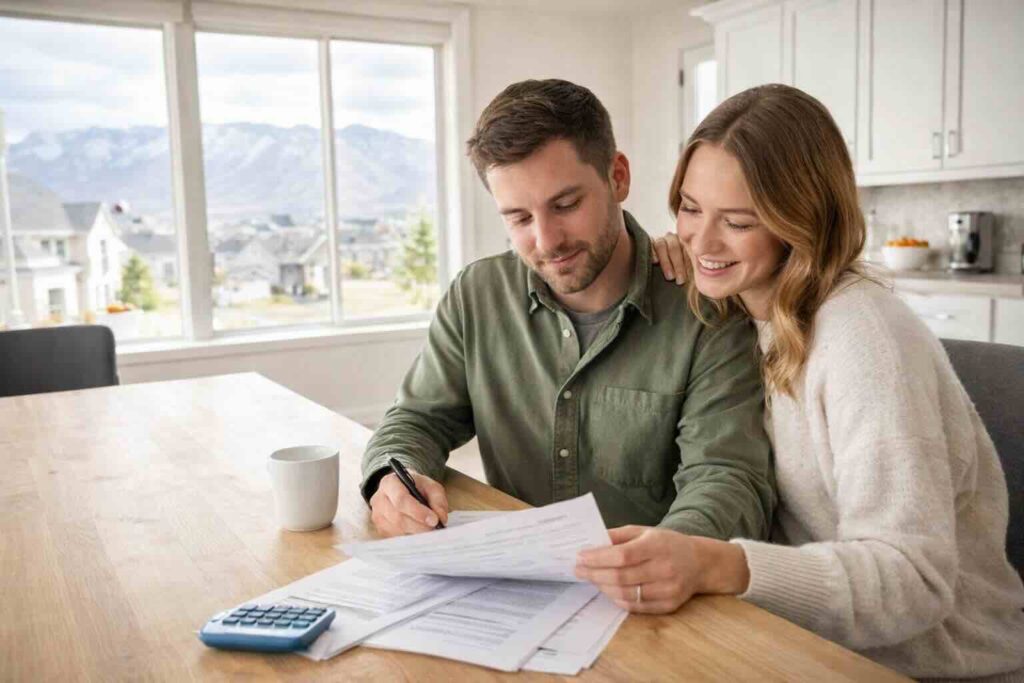 First time home buyers reviewing mortgage documents in Utah.