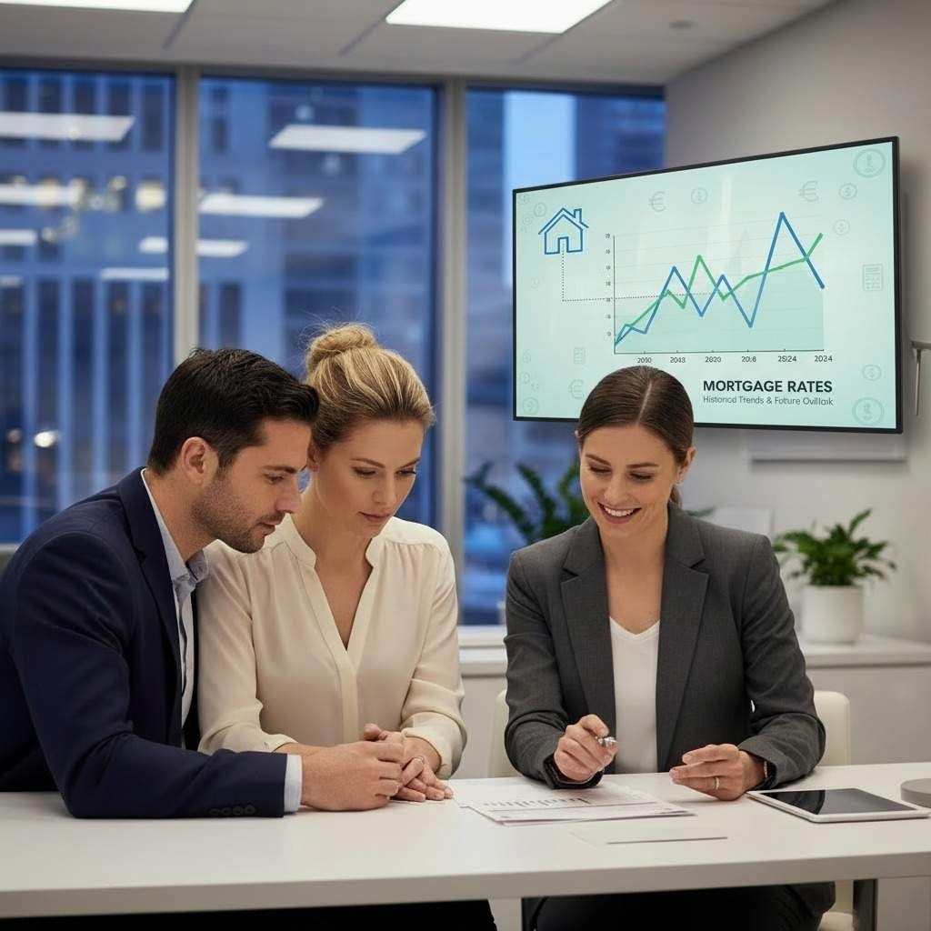 First time home buyers at the bank analyzing mortgage rates.